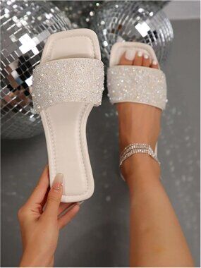 🆕Women White Sequin Sparkly Flat Sandals Dressy Open Toe Glitter Shiny Slippers